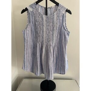 Beachlunchlounge Linen Blend Top Women's M Blue Stripe Smocked Coastal